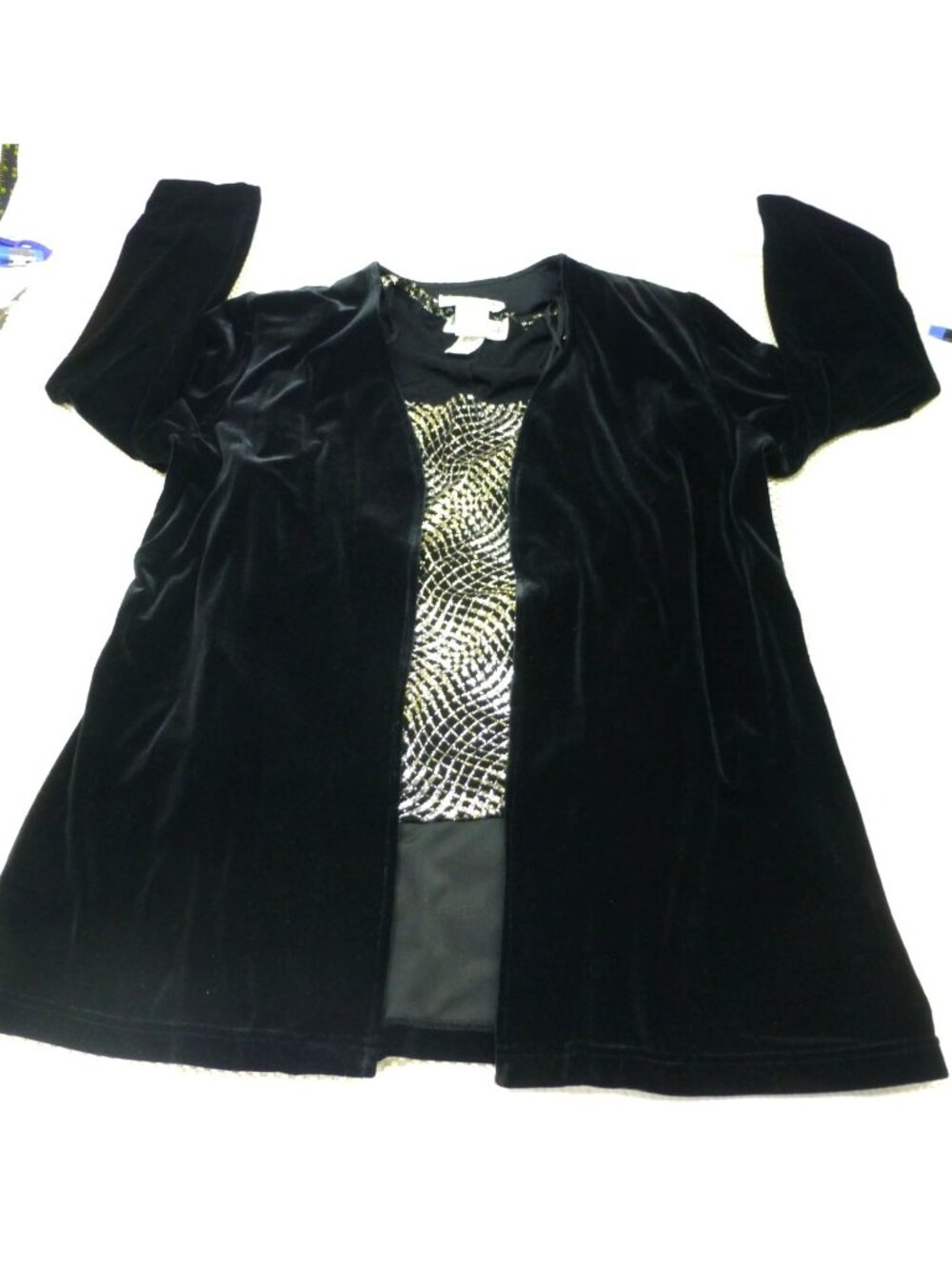 Ronni Nicole Twinset Black Velvet Open Jacket‎ & Gold Sequin Top Set Womens Lrg